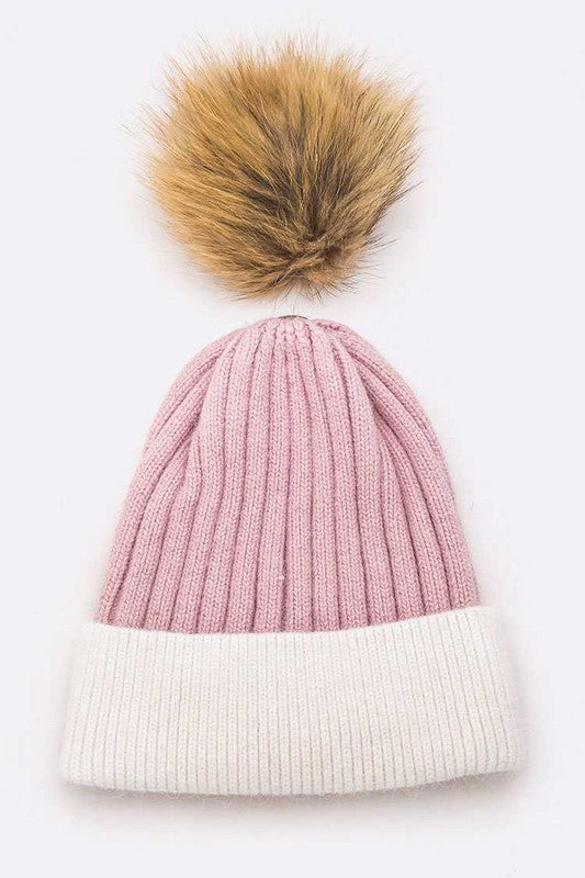 Raccoon Fur PomPom 2 Tone Beanie Simmer & Fay   