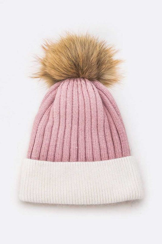 Raccoon Fur PomPom 2 Tone Beanie Simmer & Fay Pink 1 