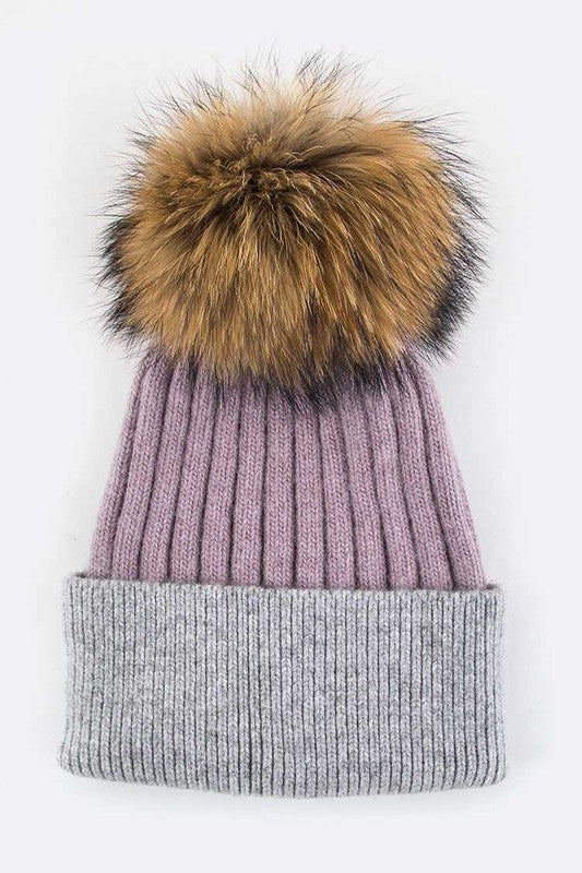 Raccoon Fur PomPom 2 Tone Beanie Simmer & Fay   