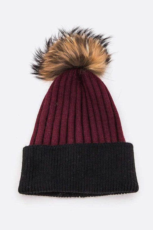 Raccoon Fur PomPom 2 Tone Beanie Simmer & Fay Burgundy 1 