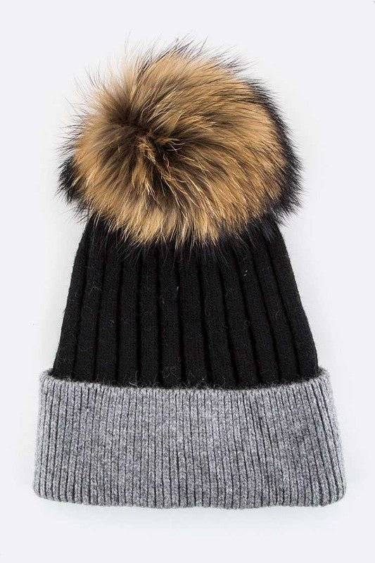 Raccoon Fur PomPom 2 Tone Beanie Simmer & Fay   