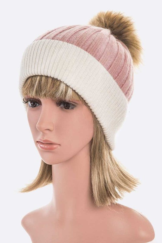 Raccoon Fur PomPom 2 Tone Beanie Simmer & Fay   