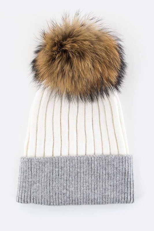 Raccoon Fur PomPom 2 Tone Beanie Simmer & Fay   