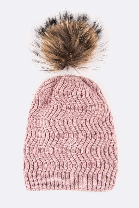 Raccoon Fur PomPom Chevron Knit Beanie Simmer & Fay   