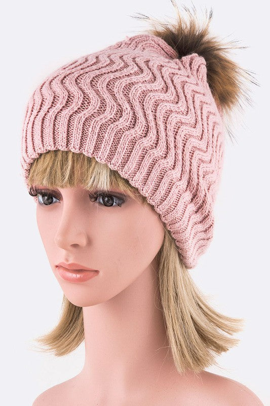 Raccoon Fur PomPom Chevron Knit Beanie Simmer & Fay   