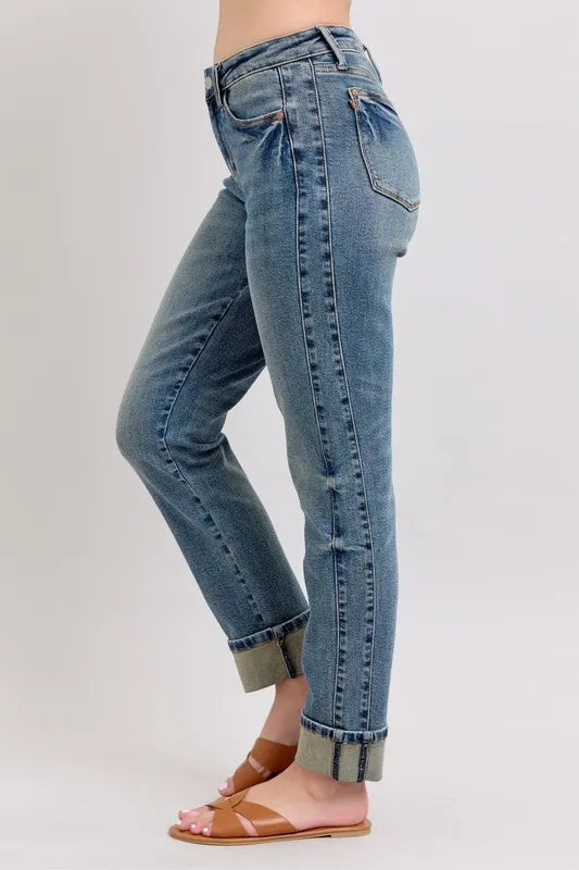Mid Rise Vintage Wash Double Roll Cuff Boyfriend Jeans with Plus Size Judy Blue
