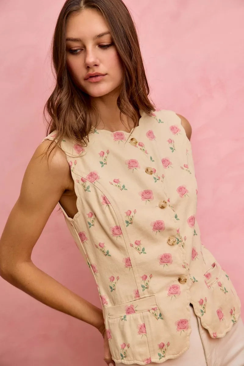 SO ME Floral Rose Cotton Twill Scallop Button Vest Top Trendsi