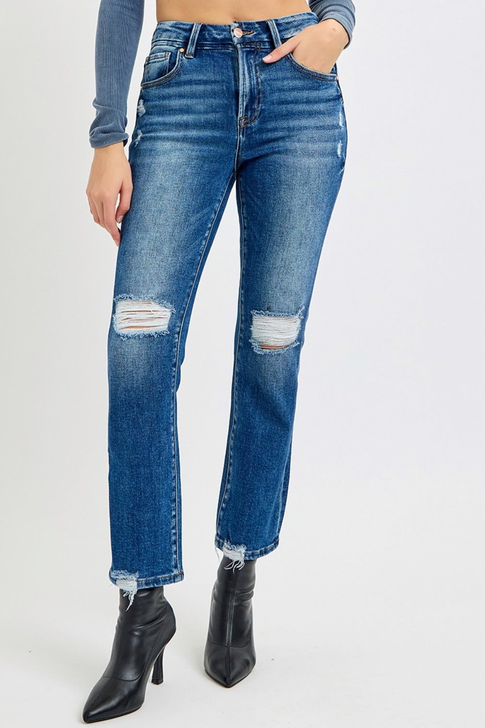 High Rise Distressed Crop Straight Jeans Risen   