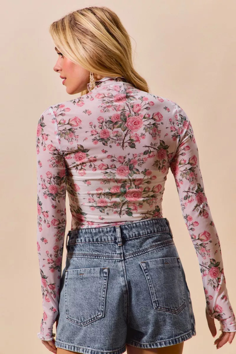 Floral Rose Print Mesh Sheer Layering Top So Me