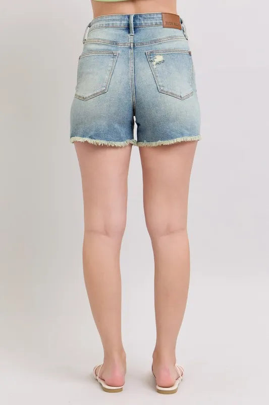 High Rise Washed Fly Stitch Detail and Destroy Denim Shorts Judy Blue