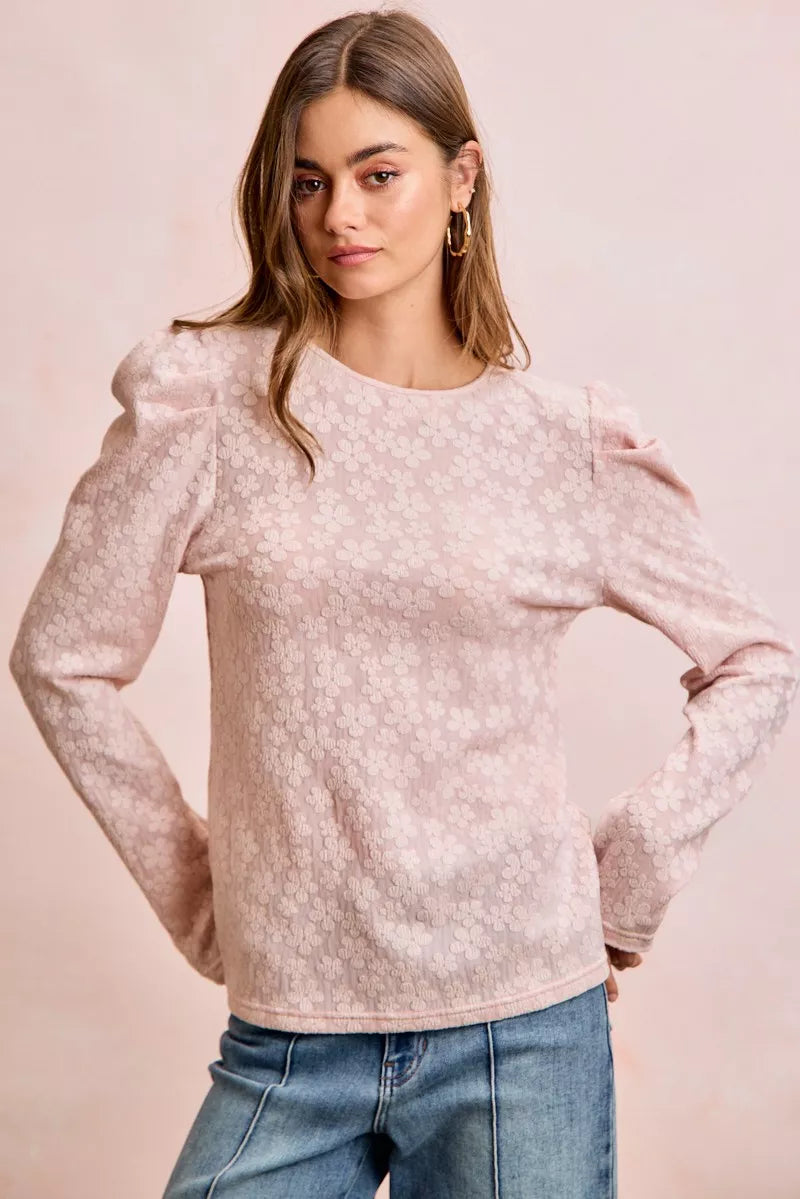 Textured Flower Knit Puff Shoulder Top BiBi
