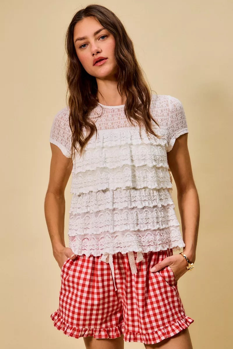 Ruffle Tiered Stretch Lace Short Sleeves Knit Top So Me