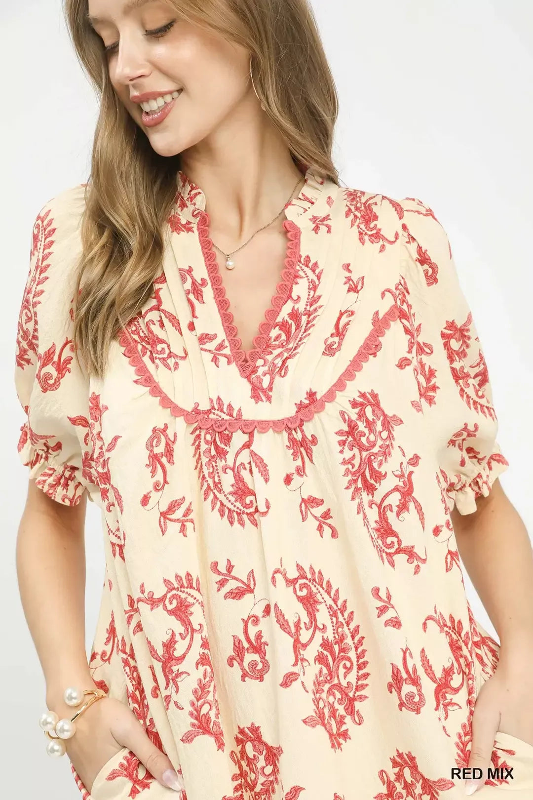 Mix Paisley Scallop Trim Dress Umgee