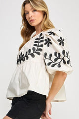 Puff-Sleeve Embroidered Peplum Blouse Sage + Fig