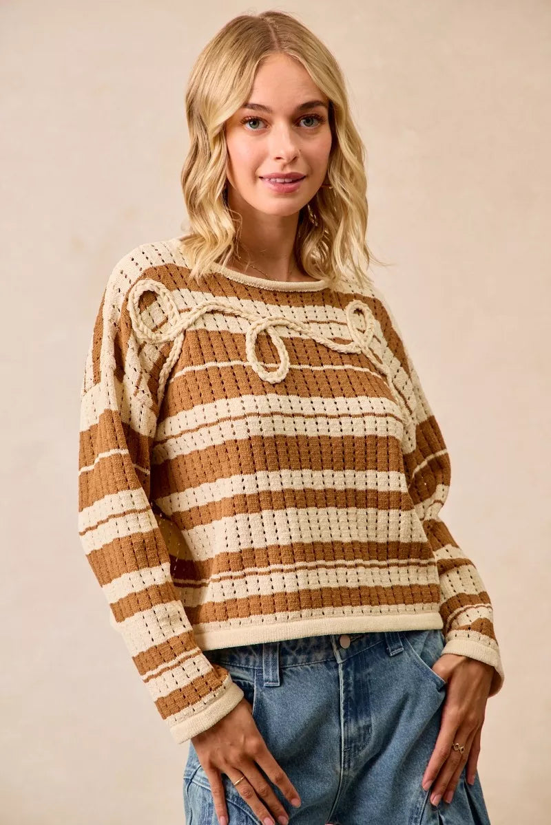 Striped Open Knit Sweater Top with Front Braided Detail BiBi BROWN S