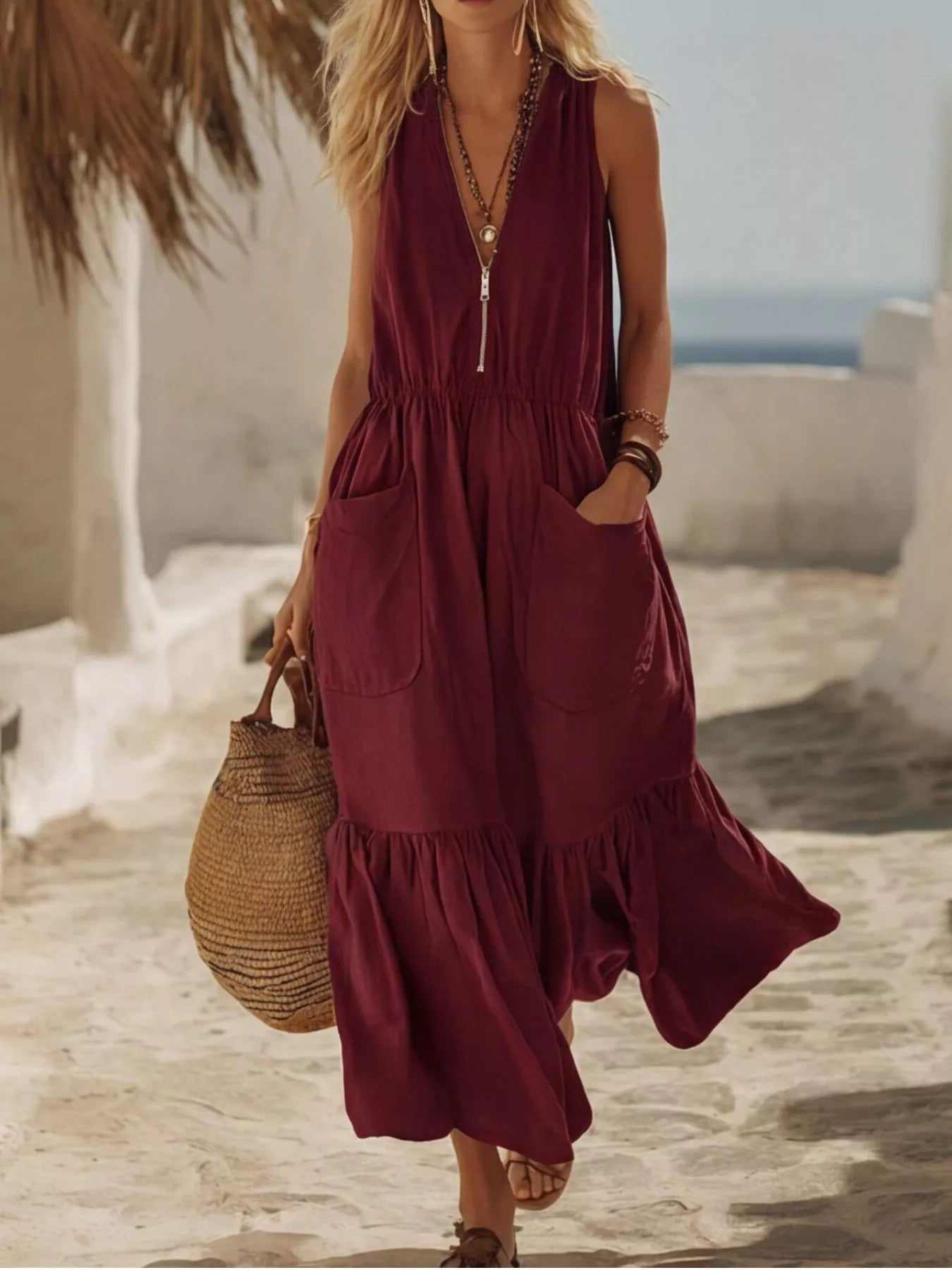 Sleeveless Zipper‑Front Pocket Ruffle Hem Maxi Dress (Regular & Plus) Simmer & Fay Burgundy S