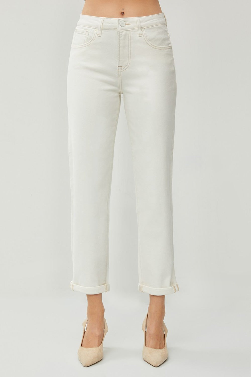 High Waist Rolled Hem Straight Jeans Risen   