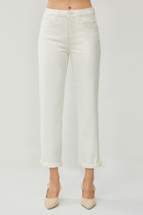 High Waist Rolled Hem Straight Jeans Risen   