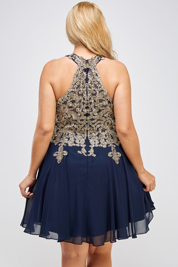 Plus Size Gold Embroidered Elegant Halter A-Line Cocktail Dress LA SCALA