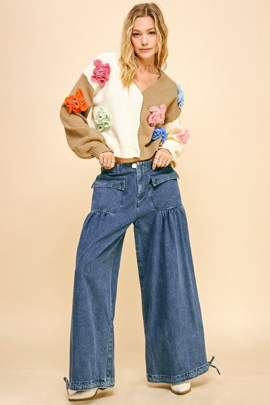 Drawstring Hem Wide Leg Mid Rise Jeans Davi & Dani