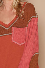 Relaxed V-Neck Knit Panel Exposed Seam Top POL   