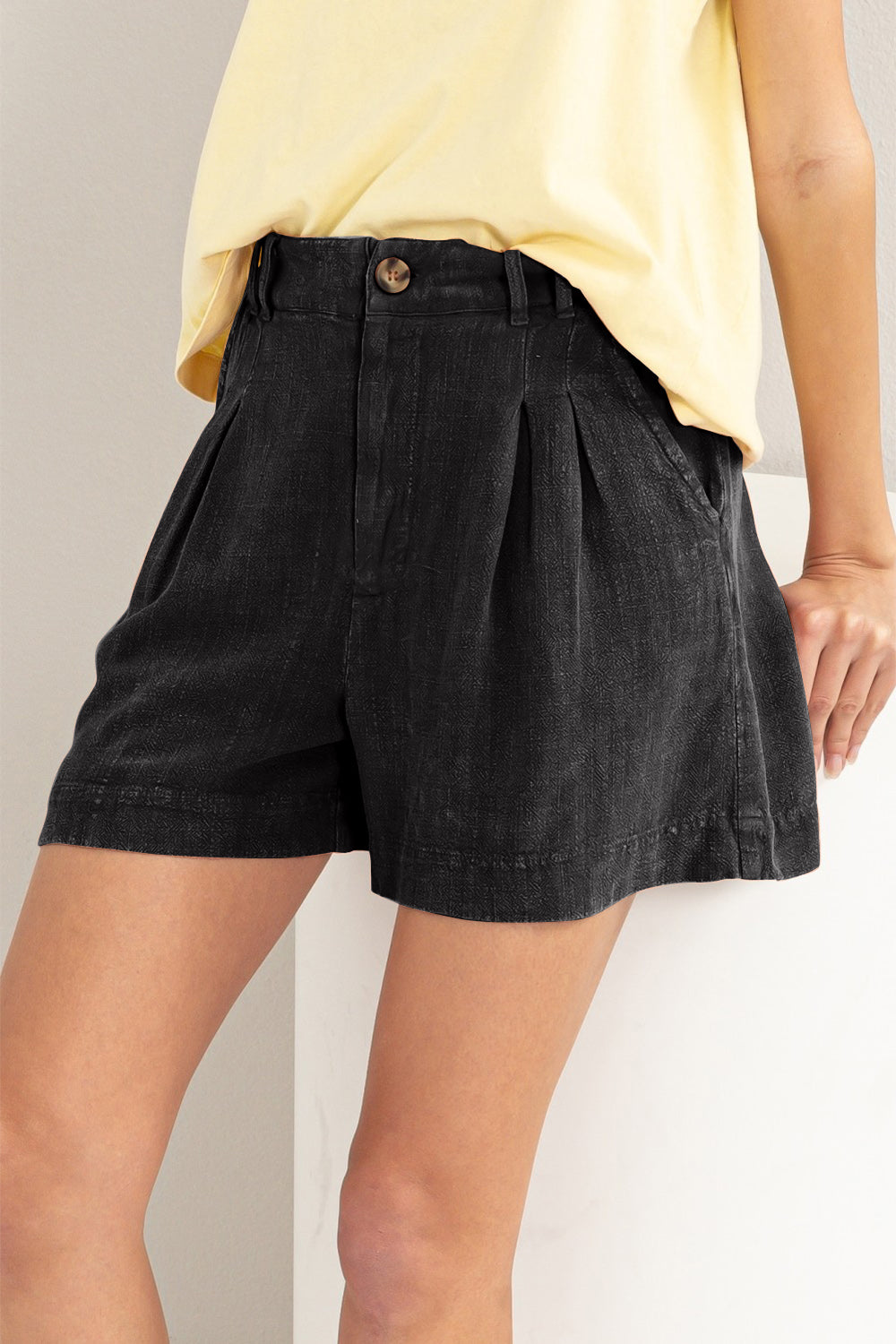 High Waist Pleated Mineral Washed Linen Shorts HYFVE   