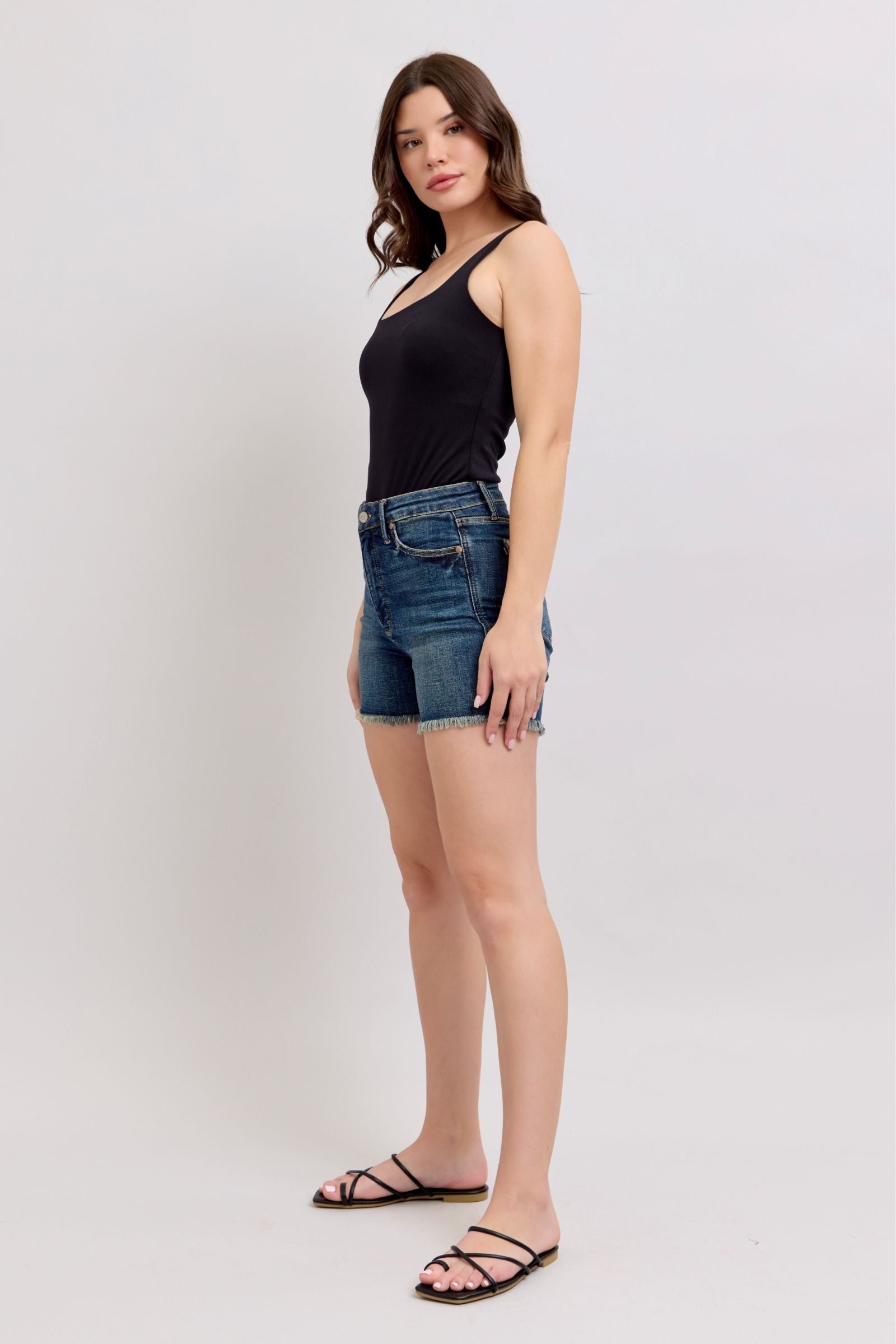 Tummy Control Fray Hem & Shield Back Pockets Denim Shorts Judy Blue