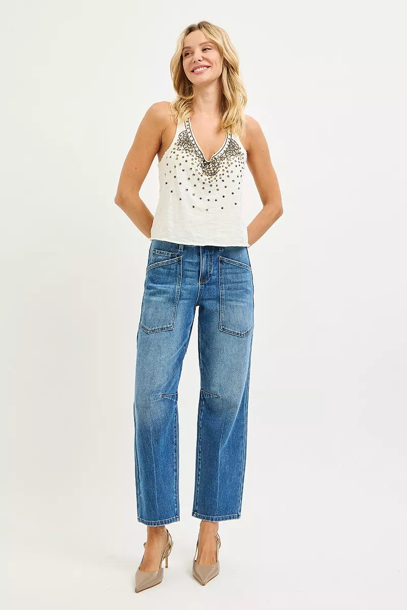4 Way Stretch Mid Rise Barrel Jeans with Patch Pocket Detail Risen
