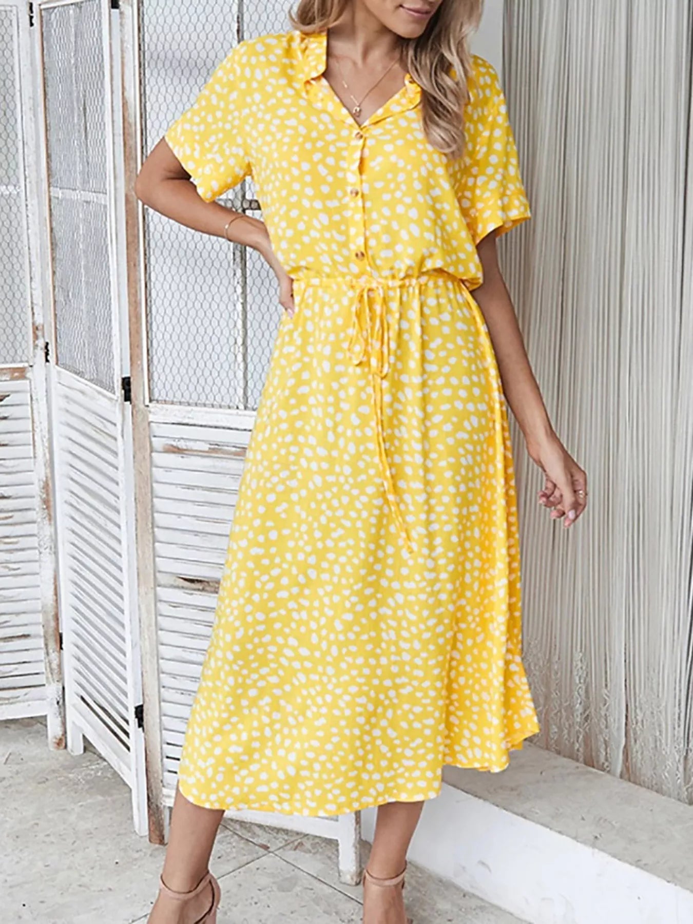 Polka Dot Button Front Midi Dress Simmer & Fay Yellow S