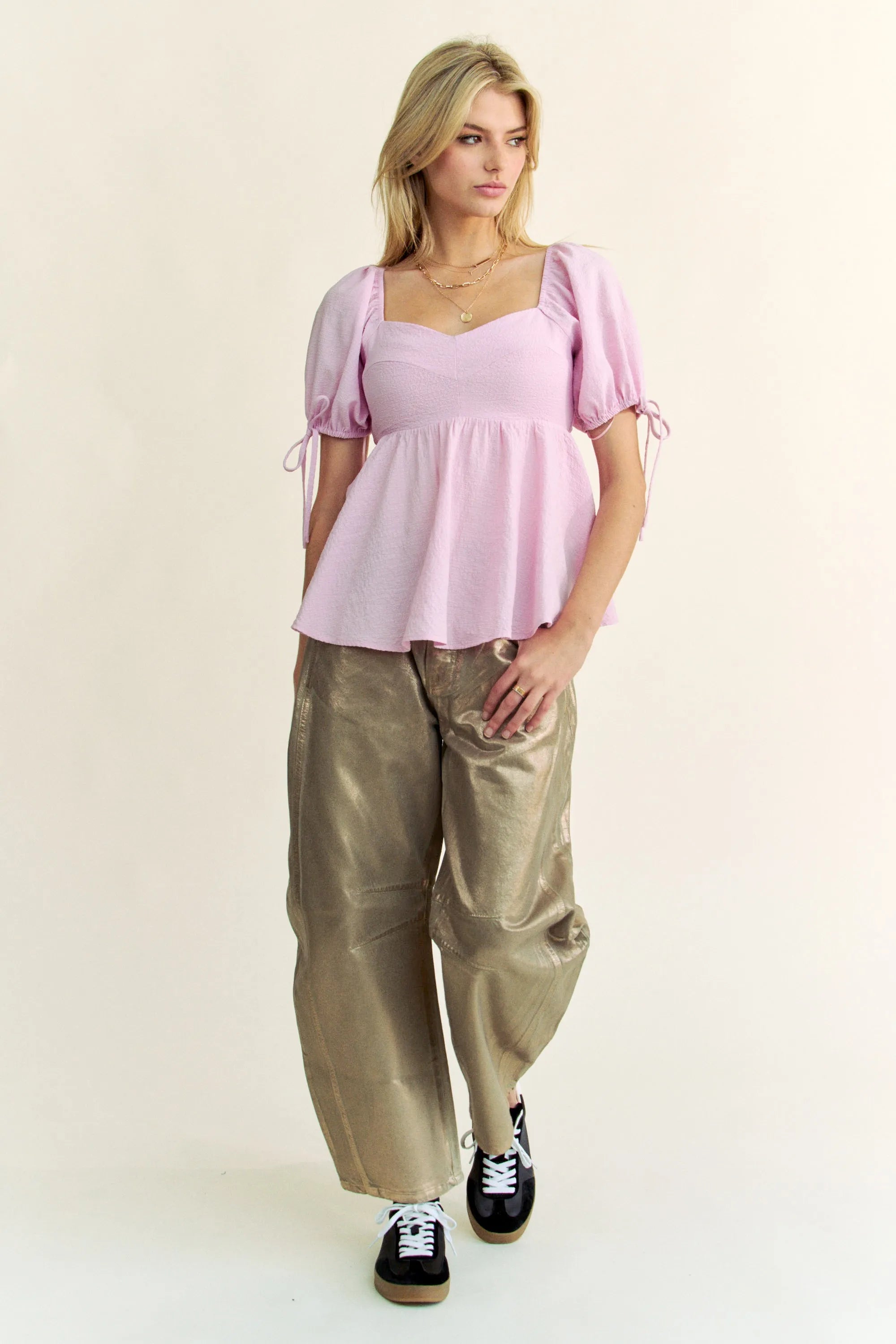 Solid Elastic Peplum Puffed Sleeves Blouse Davi & Dani