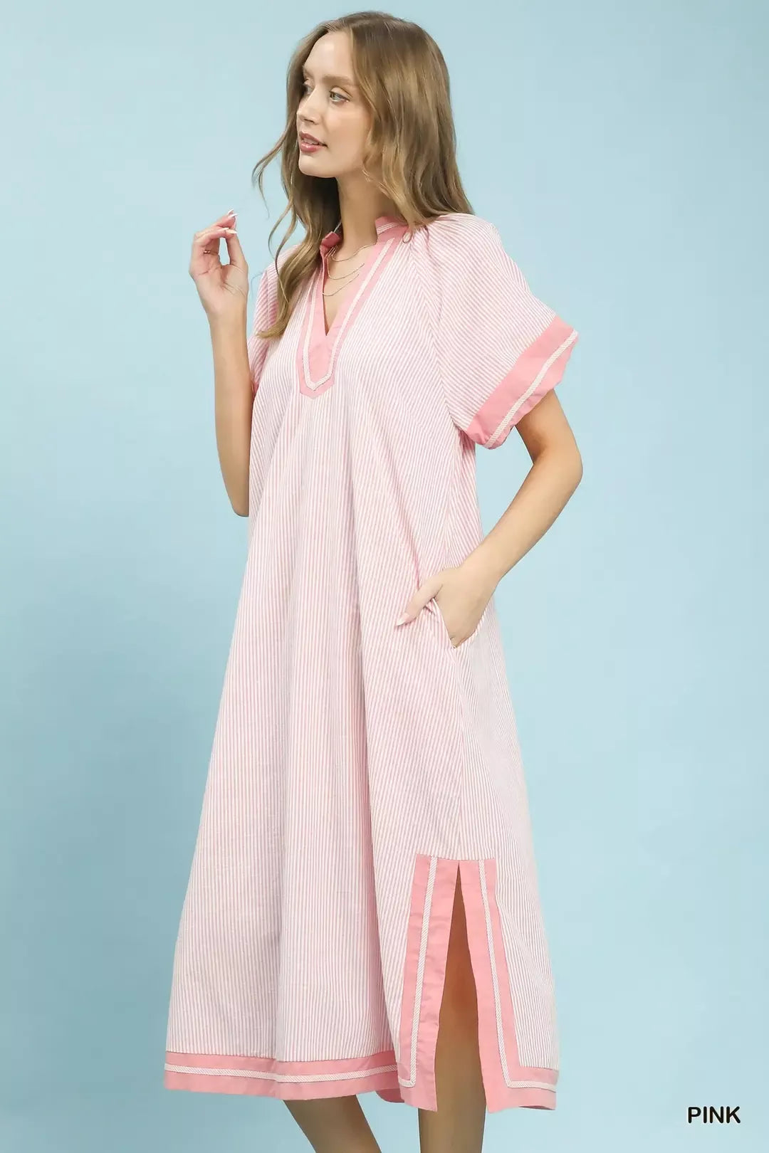 Pinstripe Contrast Trim Midi Dress Umgee