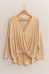 Draped Drop Shoulder V-neck Long Sleeve Top HYFVE   