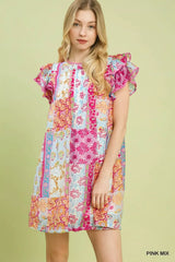 Simmer & Fay – model wearing Umgee Pink Mix patchwork flutter sleeve mini dress