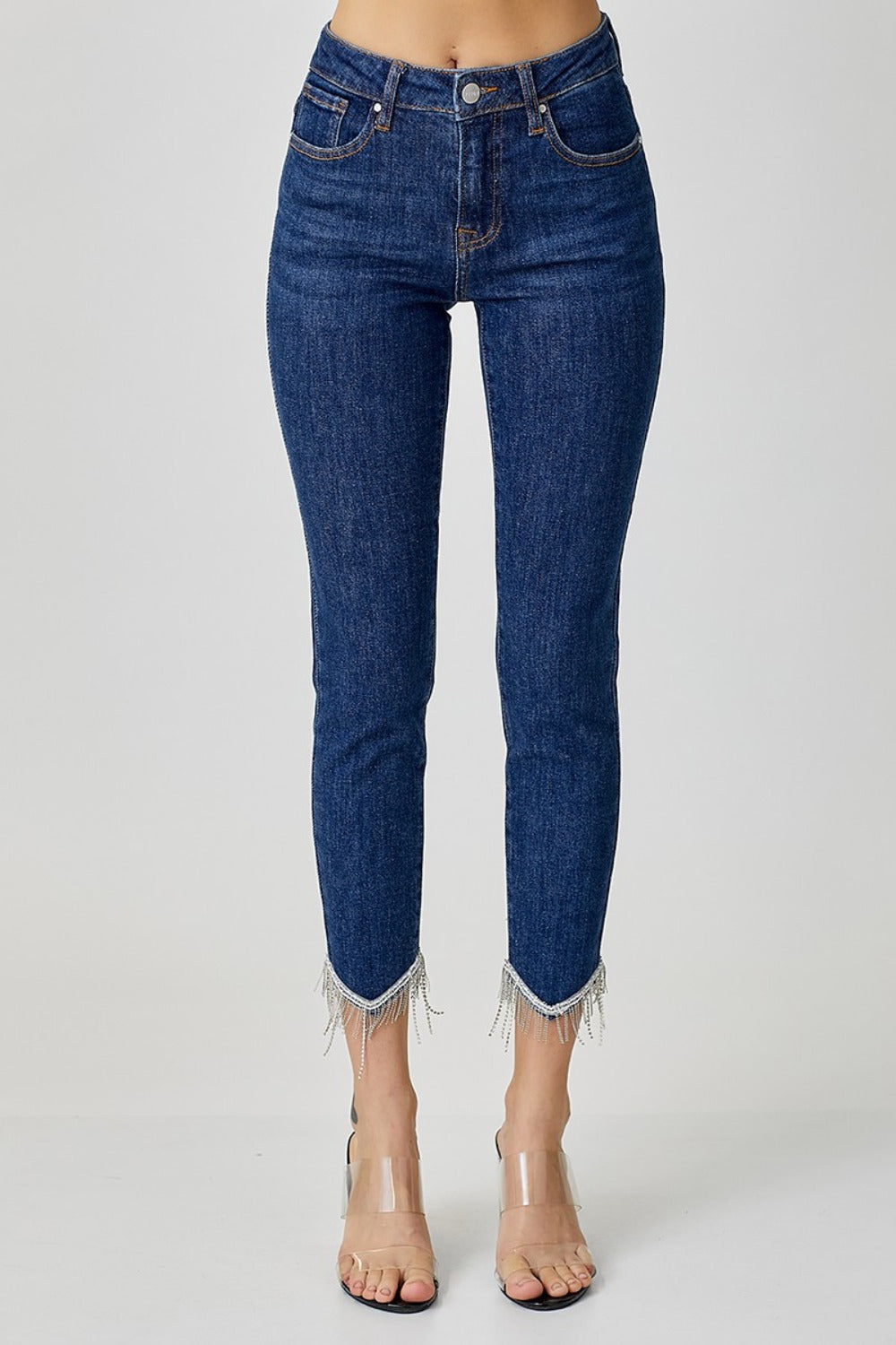 Embellished Mid Rise Crop Skinny Jeans Risen   