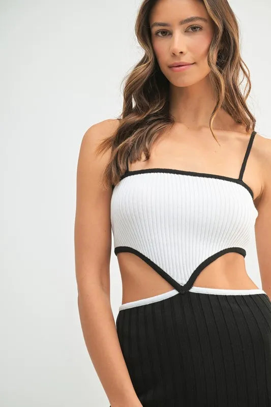 Ribbed Knit Color Block Cutout Midi Dress Mable