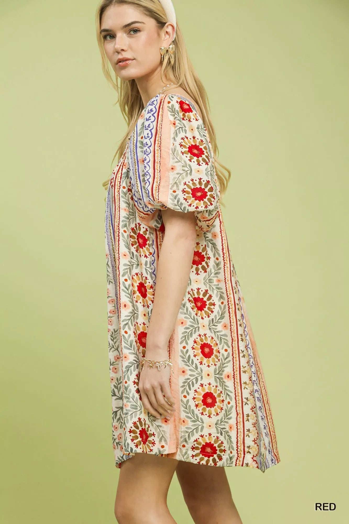 Mixed Print Puff Sleeve Mini Dress Umgee