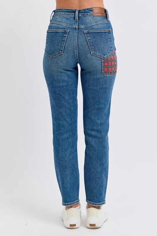 High Waist Plaid Patch Slim Fit Jeans Plus Size Judy Blue