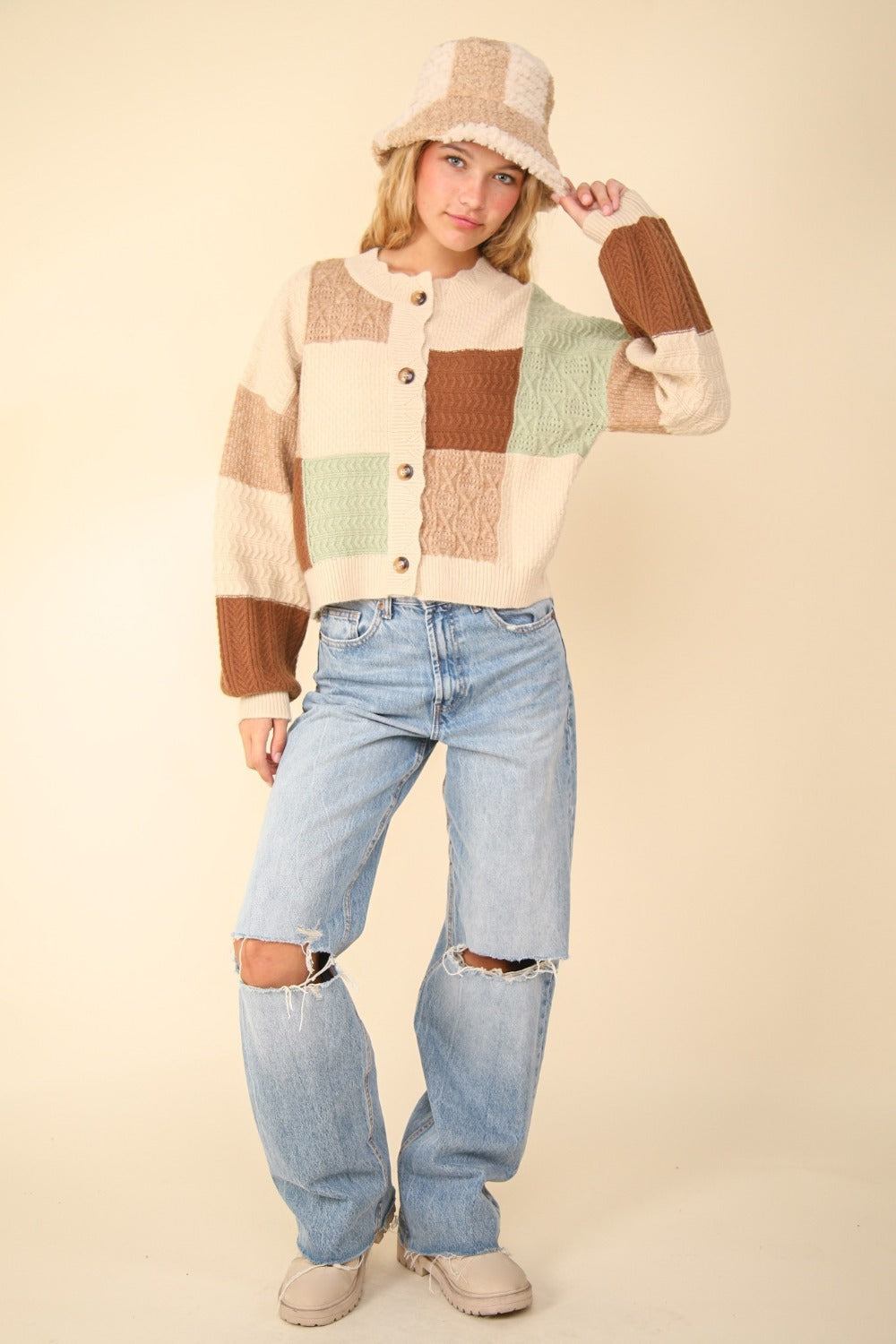 Color Block Button Down Textured Sweater Cardigan Very J   