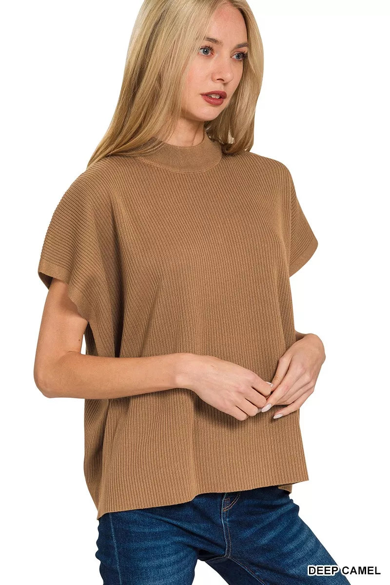 Viscose Mock Neck Short Sleeve Boxy Sweater ZENANA DEEP CAMEL S