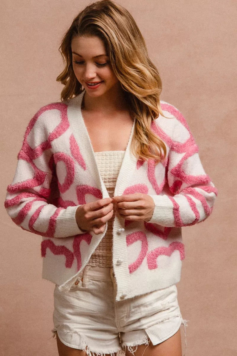 Textured Heart Buttoned V Neck Cardigan BiBi