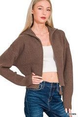 Ribbed Collared Zip Up Sweater Cardigan ZENANA