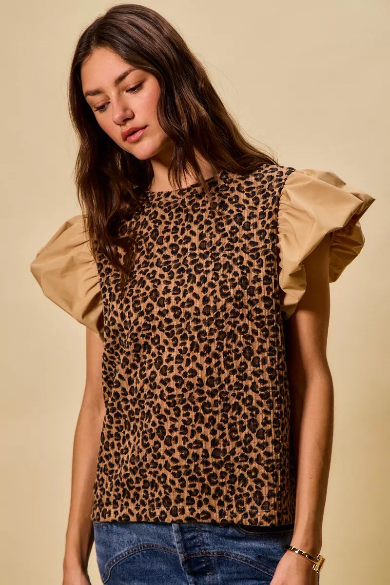 SO ME Leopard Pointelle Knit Top with Puff Sleeves Trendsi