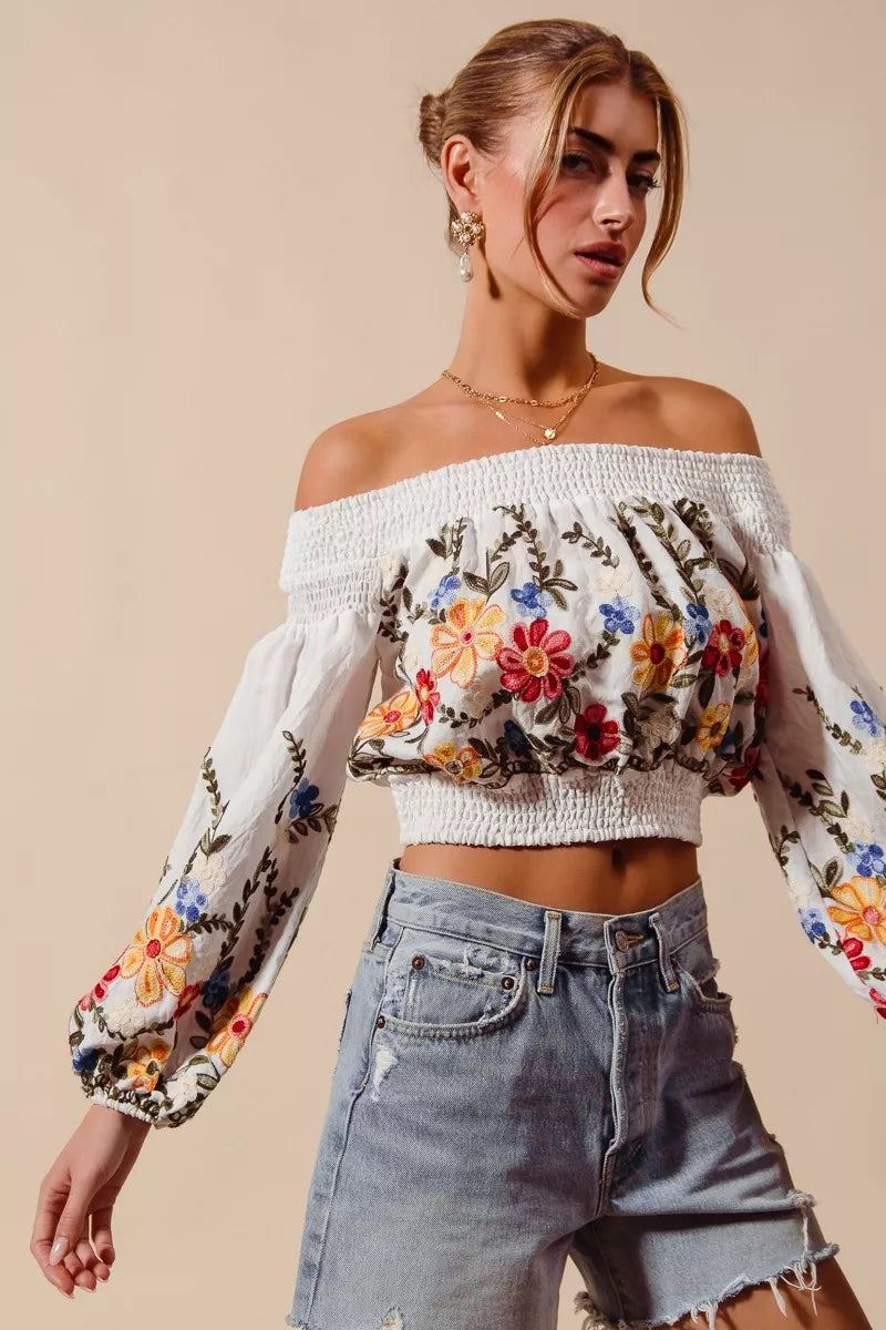 Floral Embroidered Off The Shoulder Crop Top So Me
