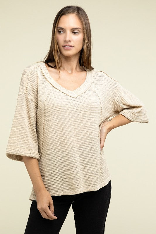 Brushed Waffle Relaxed 3/4 Sleeve Top ZENANA   