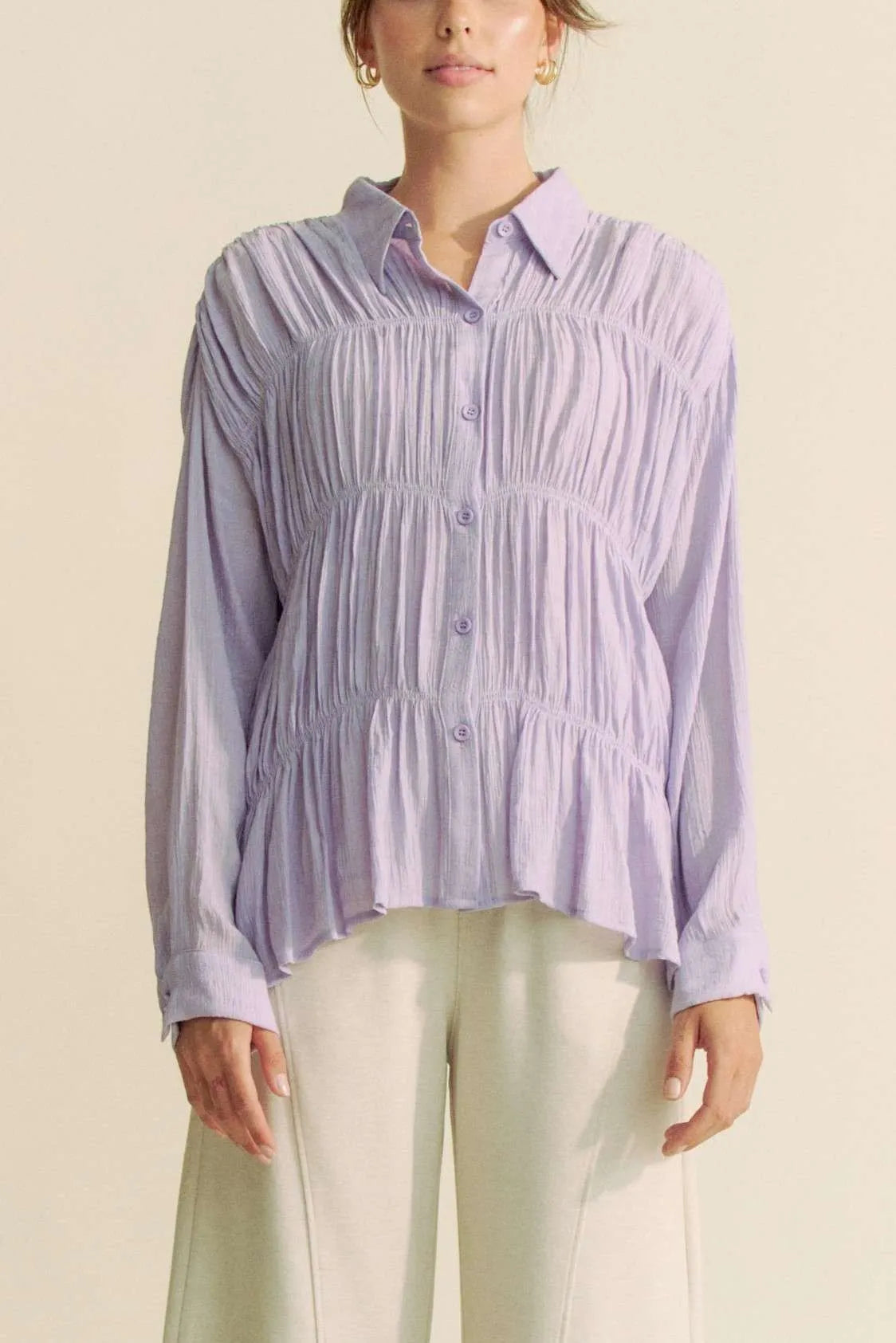 Ruched All Over Button Front Shirt Davi & Dani