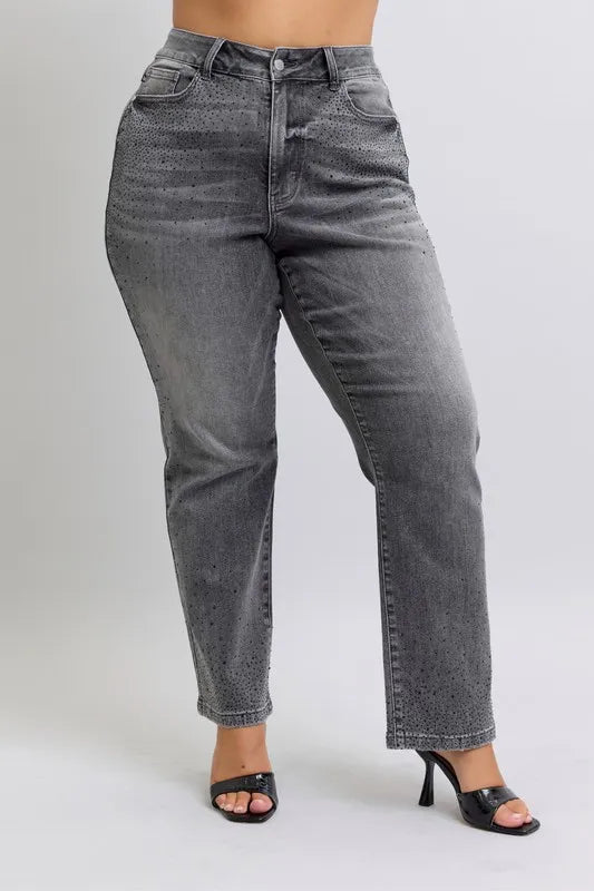 High Waist Rhinestone Straight Jeans Judy Blue