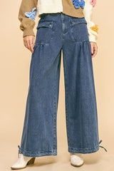 Drawstring Hem Wide Leg Mid Rise Jeans Davi & Dani