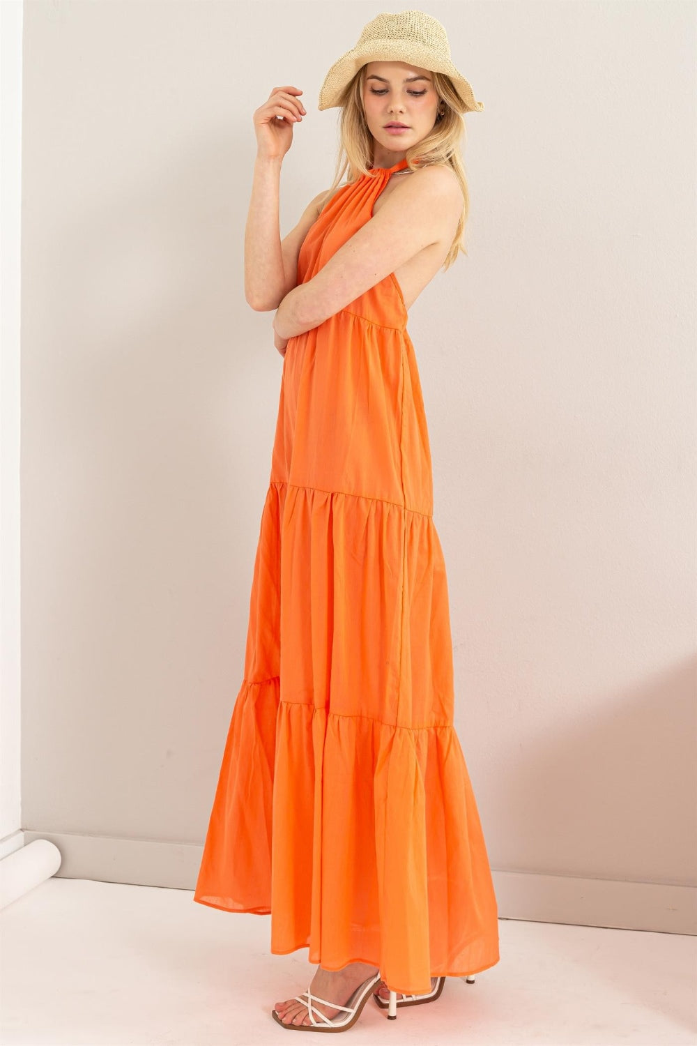 Flowy Halter Neck Cover Up Tiered Maxi Dress HYFVE   