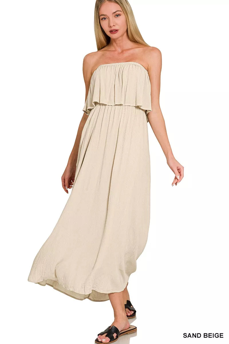 Woven Crinkle Strapless Maxi Dress ZENANA SAND BEIGE S