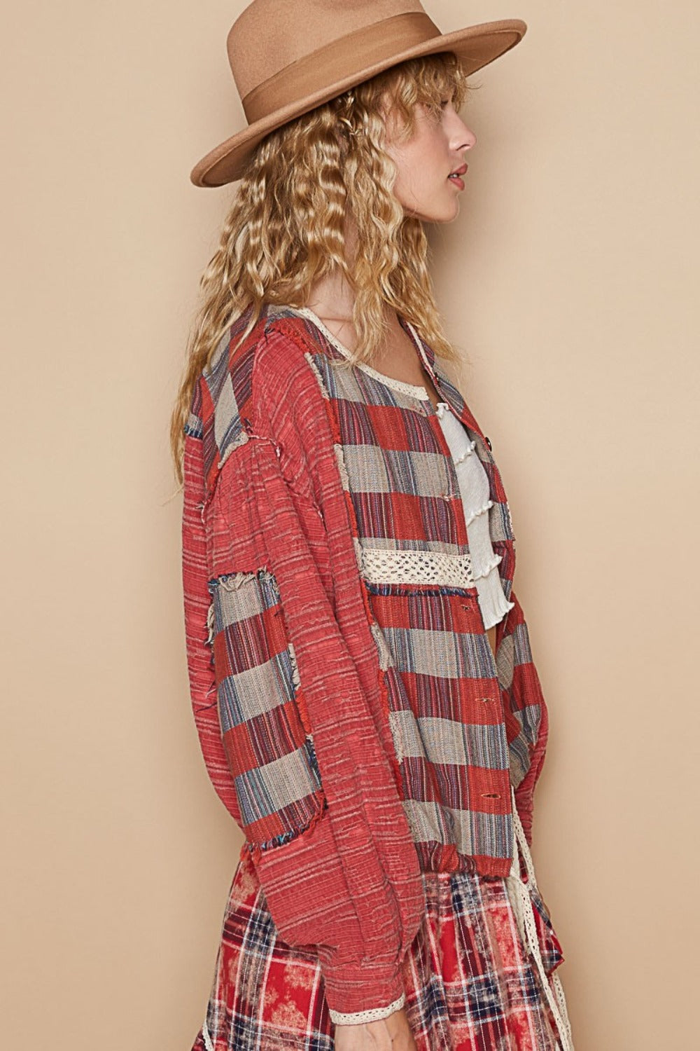 Round Neck Long Sleeve Plaid Shirt POL   